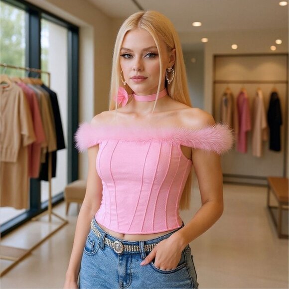 Sugar Thrillz Pink Jacquard Off‑Shoulder Bustier w/ Marabou Trim & Side Zip – S - Picture 1 of 8